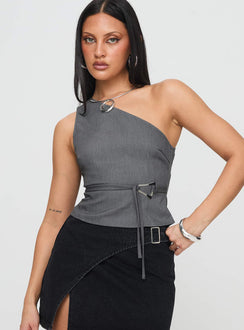 front view of model wearing Princess Polly Sayaka Top Charcoal Sleeveless Asymmetric Neckline 