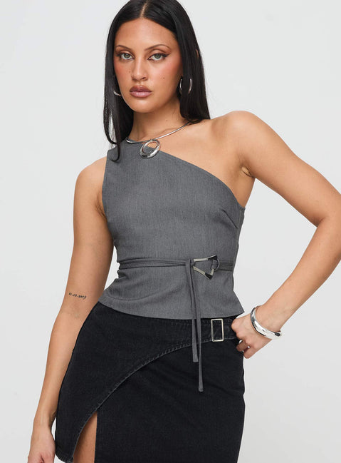 front view of model wearing Princess Polly Sayaka Top Charcoal Sleeveless Asymmetric Neckline 