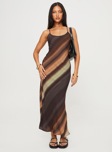 front view of model wearing Princess Polly Otillie Maxi Dress Brown Multi Petite Scoop Neck 