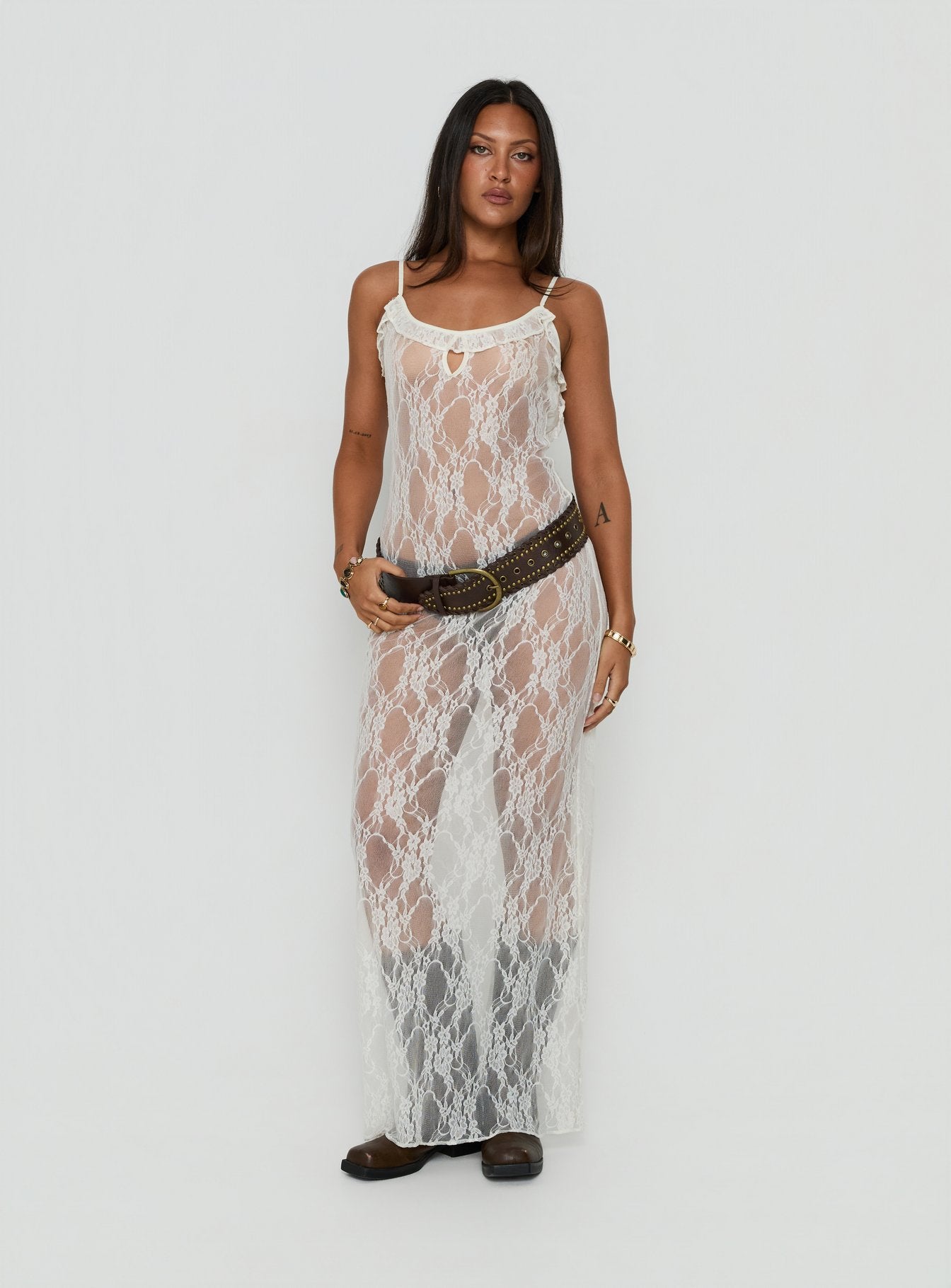 Wall Of Sound Sheer Lace Maxi Dress Antique White | Princess Polly
