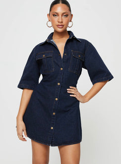 Front view of model wearing  front Princess Polly V-Neck  Davro Mini Dress Dark Wash Denim