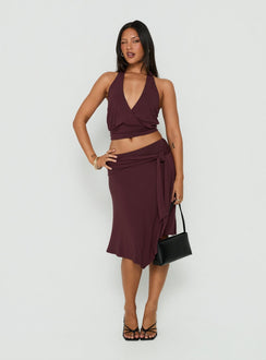 Featuring the Soft Focus Tie Waist Midi Skirt Plum Noir womens-skirts with relaxed fit Princess Polly