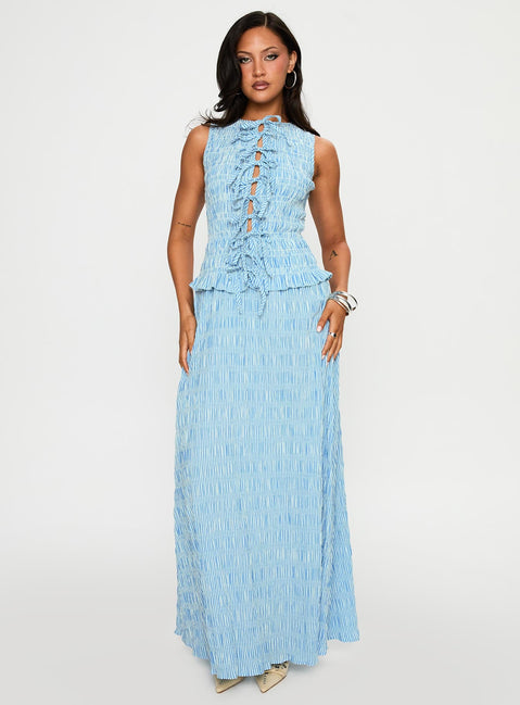front view of model wearing Princess Polly Songbird Shirred Maxi Dress Blue Crew Neck 