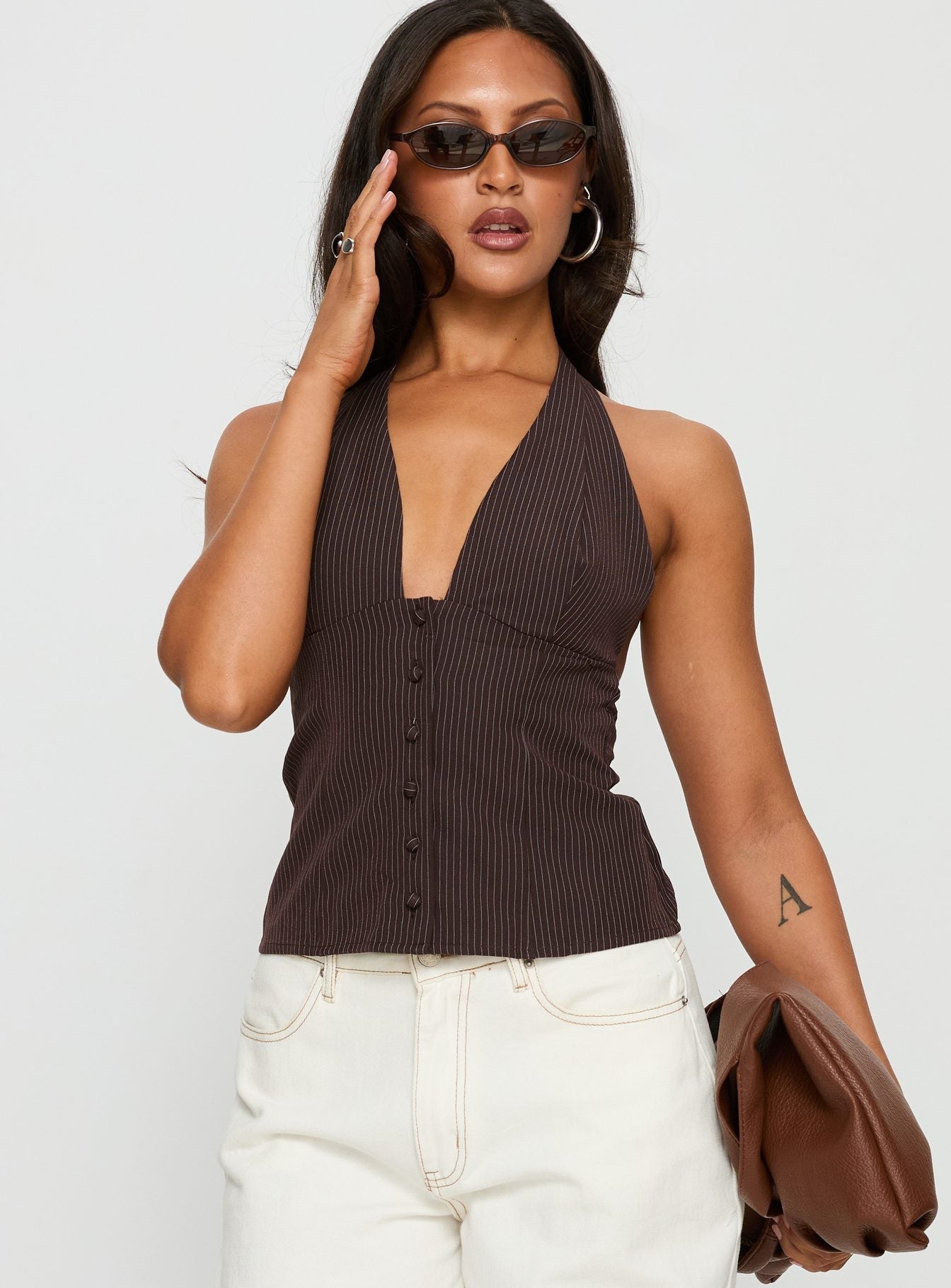 Serefina Halter Top Brown Stripe