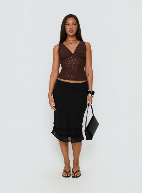 back view of model wearing Princess Polly Clarabella Frill Midi Skirt Black Midi Skirts 