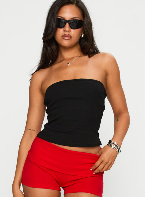 front view of model wearing Princess Polly Baseline Strapless Rib Top Black Sleeveless straight 