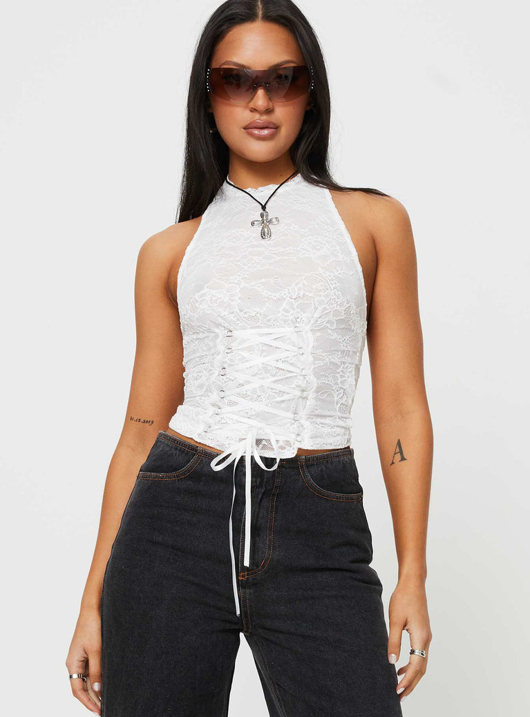 Gratten Lace High Neck Top White