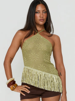Masina Arrowneck Fringe Detail Top Green