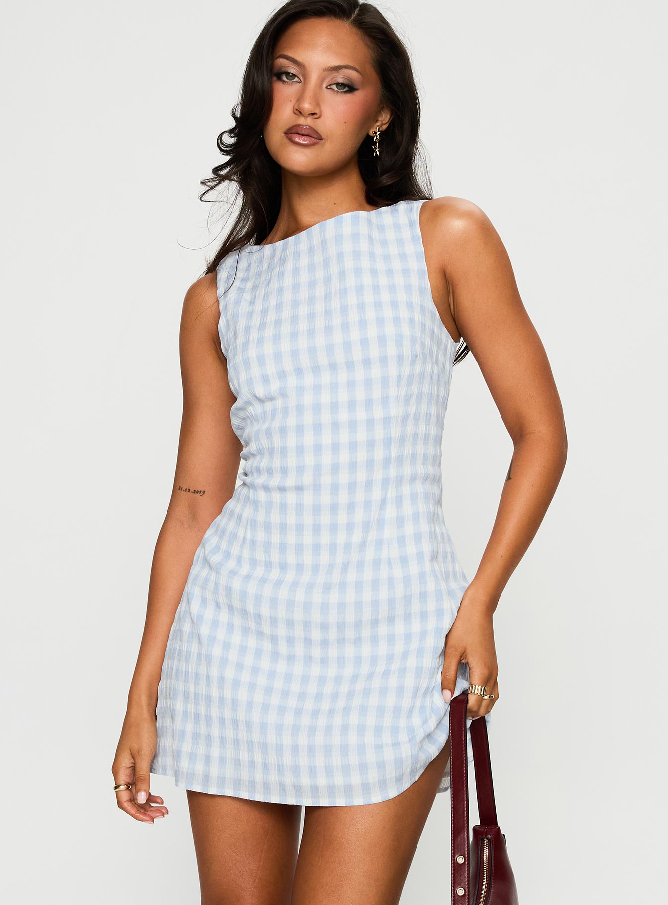 back view of model wearing Princess Polly Alfalfa Mini Dress Blue Check Crew Neck 