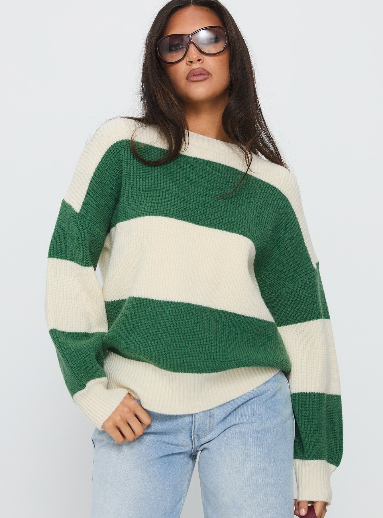 Infallible Crew Neck Knit Sweater Green / Cream Stripe