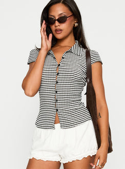 Delighted Cap Sleeve Button Up Top Black / White