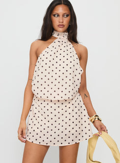 Natalea High Neck Playsuit Cream / Brown Polka