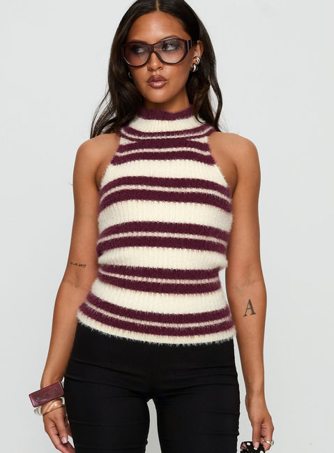 Heide High Neck Fluffy Top Burgundy Stripe
