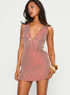 side view of model wearing Princess Polly Daphney Plunge Mini Dress Red / Cream Plunger 