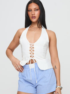 front view of model wearing Princess Polly Clouded Linen Blend Vest Top White Sleeveless Plunger 