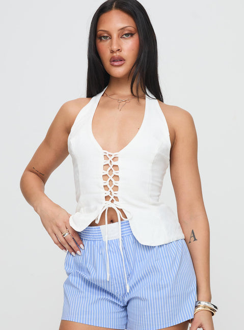 front view of model wearing Princess Polly Clouded Linen Blend Vest Top White Sleeveless Plunger 