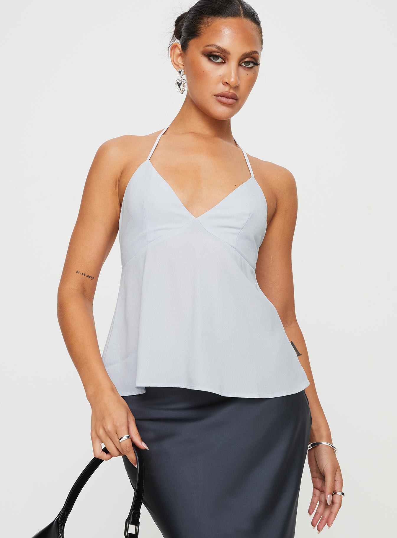 front view of model wearing Princess Polly Orwell Top Blue Sleeveless Plunger 