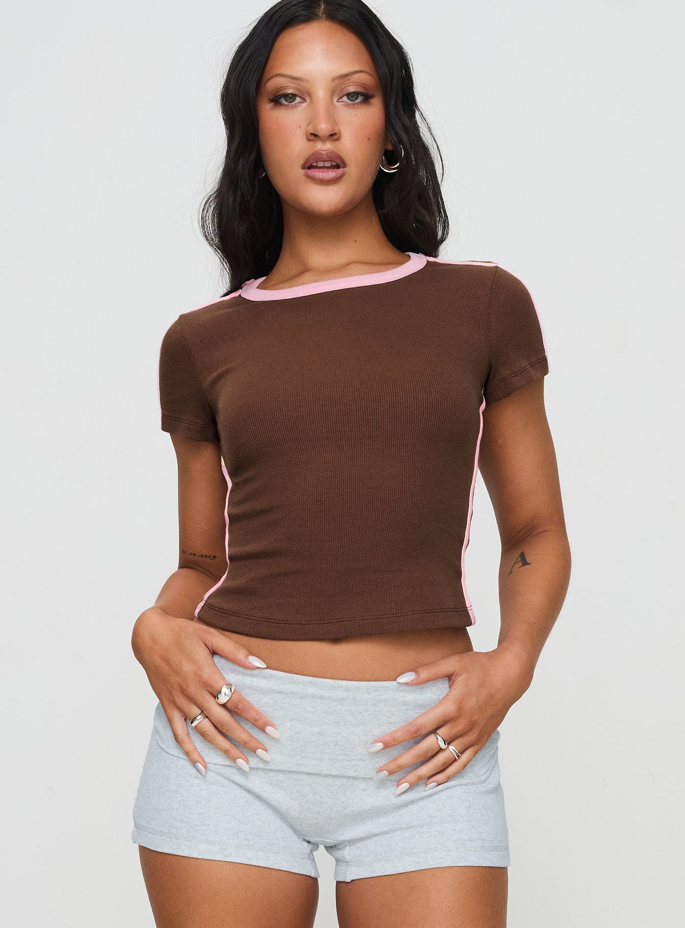 front view of model wearing Princess Polly Baseline Rib Tee Brown / Pink Short Sleeves Crew Neck 