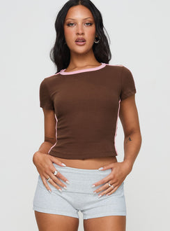 front view of model wearing Princess Polly Baseline Rib Tee Brown / Pink Short Sleeves Crew Neck 