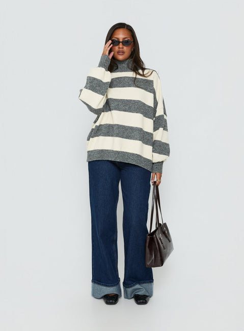 Longest Goodbye Slouchy Funnel Neck Oversized Knit Sweater Grey / Cream Stripe