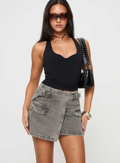   front view of model wearing Princess Polly Bambas Wrap Denim Mini Skirt Washed Green Mini Skirts 