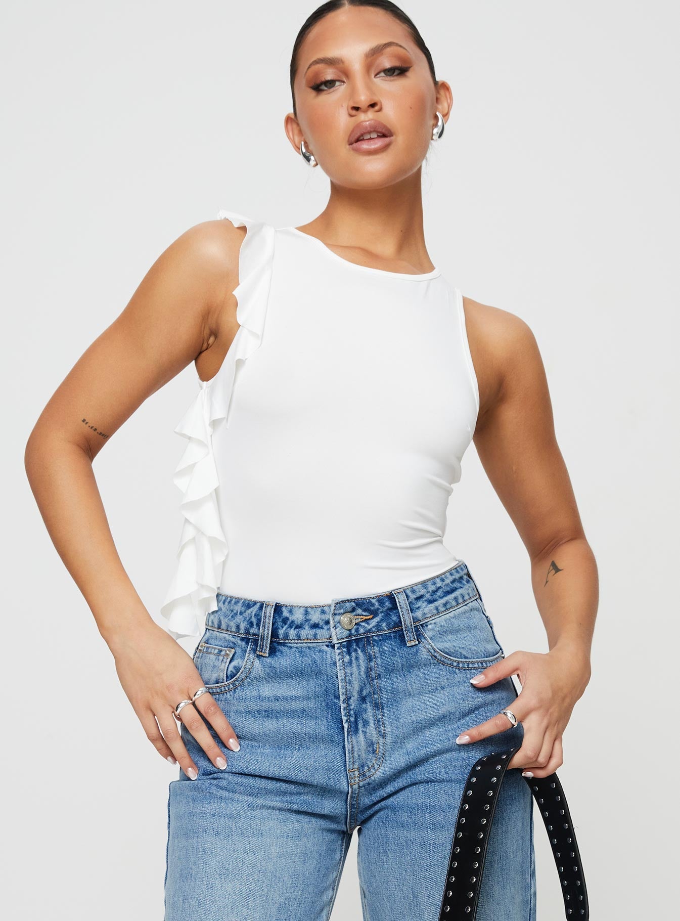 front view of model wearing Princess Polly Lavina Bodysuit White Sleeveless Crew Neck 