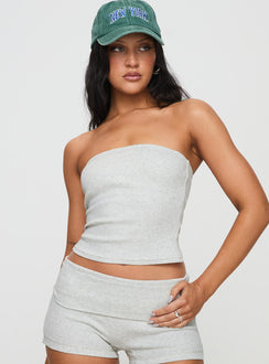 front view of model wearing Princess Polly Baseline Strapless Rib Top Grey Sleeveless straight 