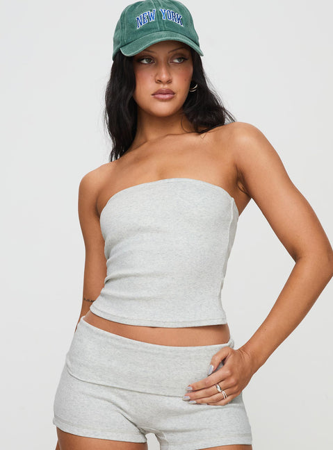 front view of model wearing Princess Polly Baseline Strapless Rib Top Grey Sleeveless straight 
