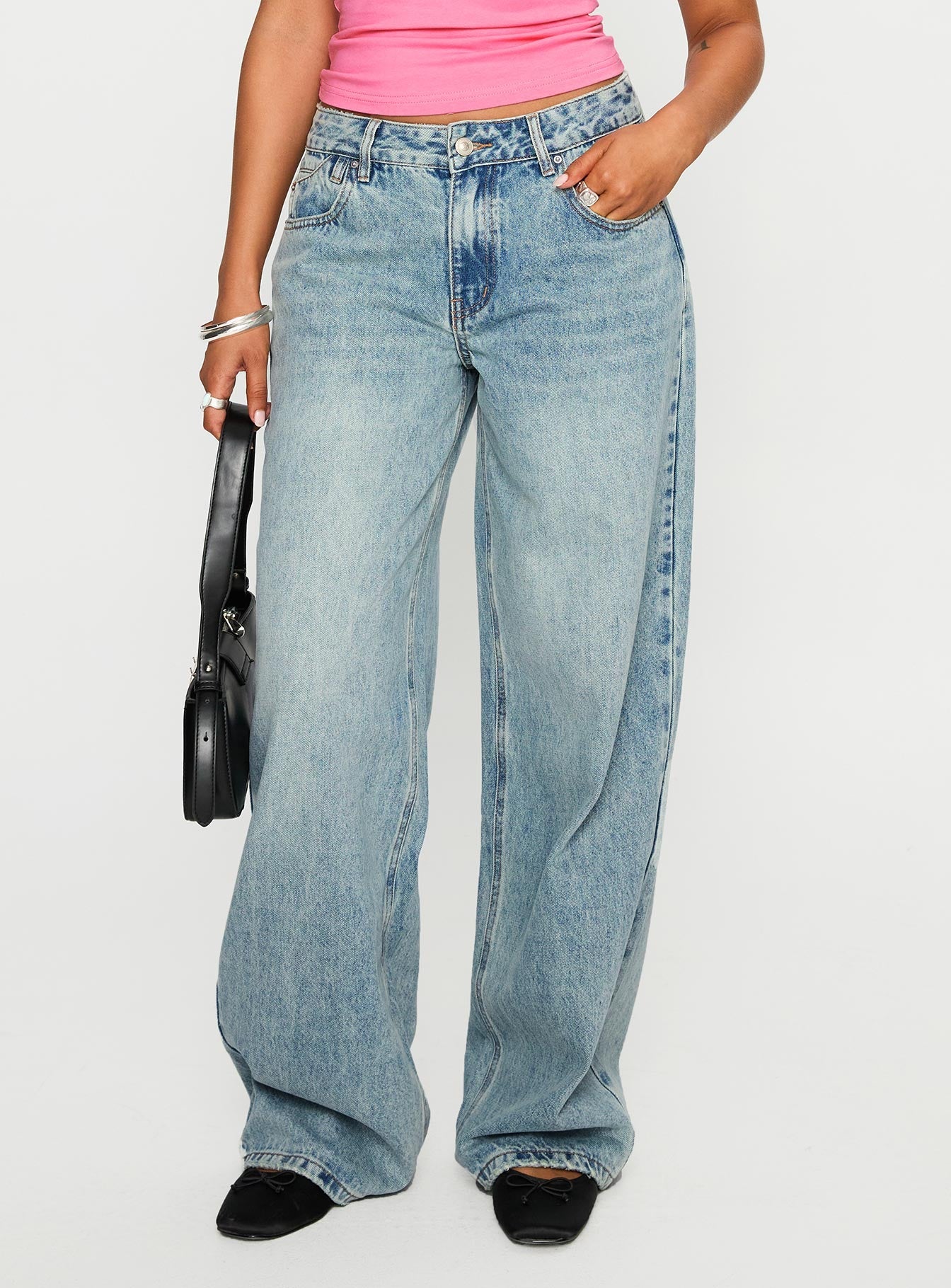 front view of model wearing Princess Polly Edge Of Town Jeans Vintage Blue Mid Rise 