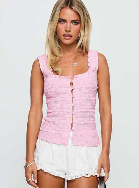 front view of model wearing Princess Polly Lost Frontier Button Up Top Pink Sleeveless Square Neck 