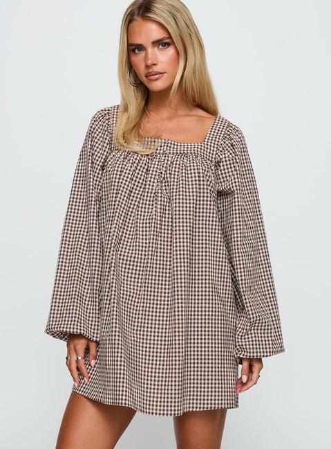 Lilibet Long Sleeve Mini Dress Brown Check