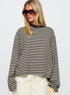 front view of model wearing Princess Polly Bloom Long Sleeve Top Beige Stripe Full Sleeves Crew Neck 