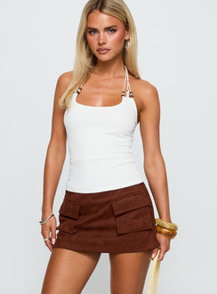 front view of model wearing Princess Polly Ex Factor Faux Suede Skort Brown High Waisted Shorts 