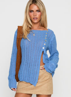 front view of model wearing Princess Polly Lenker Knit Jumper Blue Long 