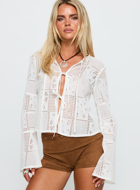 front view of model wearing Princess Polly Mine For Life Crochet Long Sleeve Top White Full Sleeves Crew Neck 