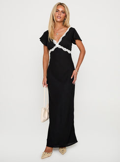 back view of model wearing Princess Polly Barbarita Lace Maxi Dress Black V-Neck 