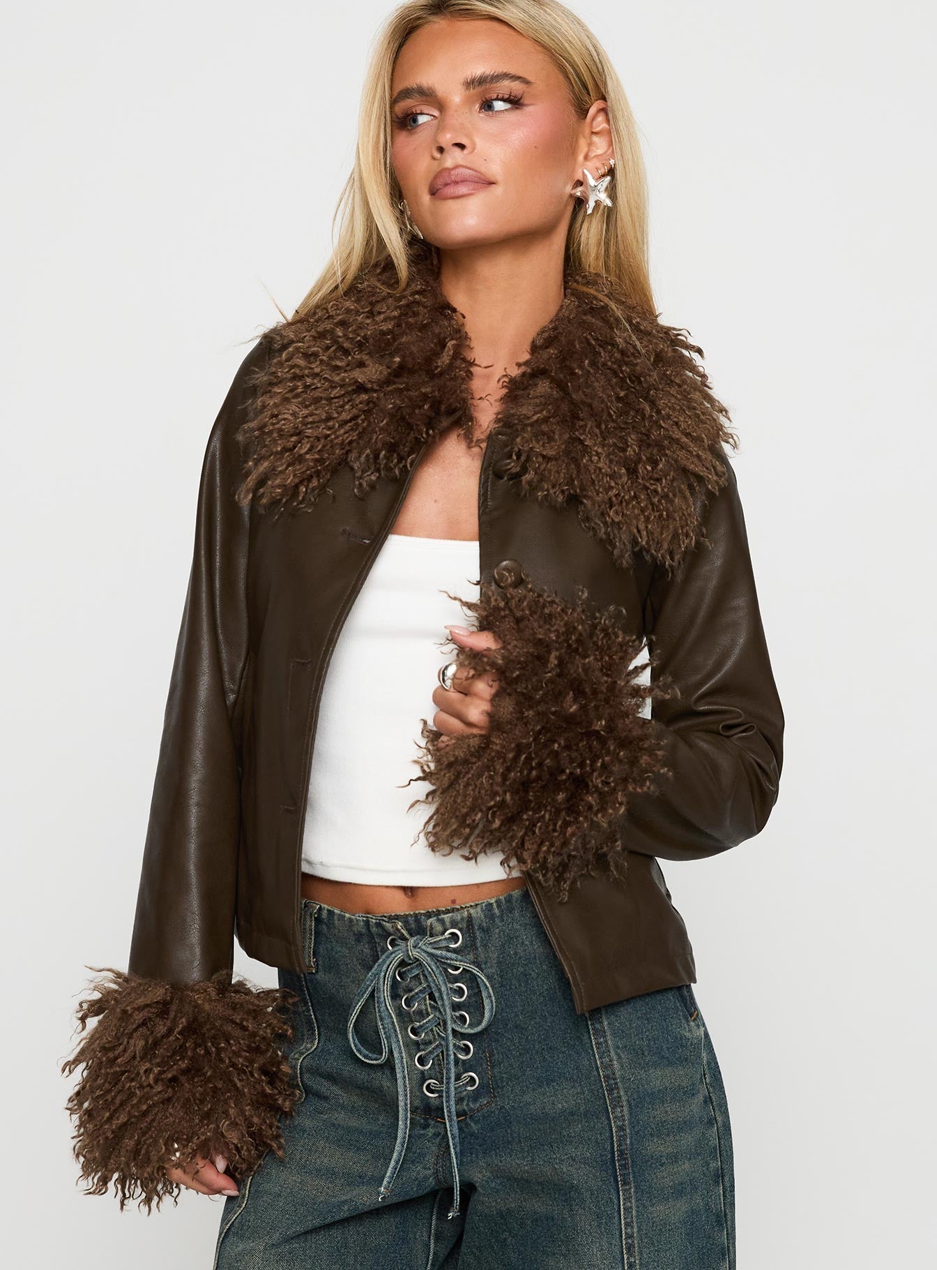 Cupid Clouds Faux Leather Jacket Brown