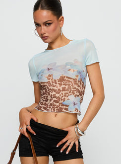 side view of model wearing Princess Polly Pop Quiz Mesh Top Blue / Leopard Short Sleeves Crew Neck 