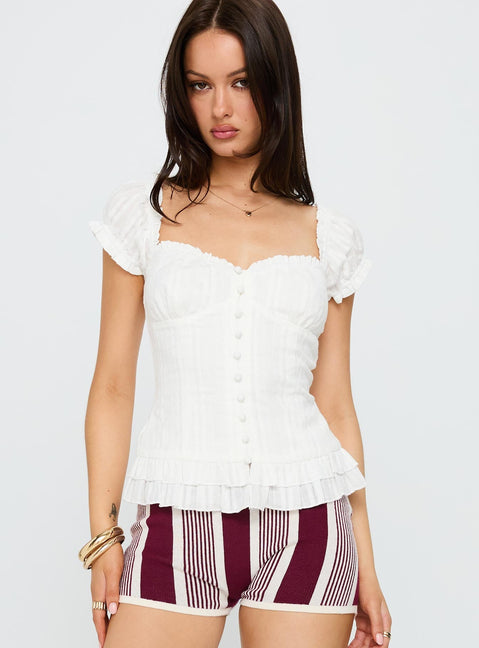 front view of model wearing Princess Polly Suiter Frill Detail Top White Short Sleeves Sweetheart 