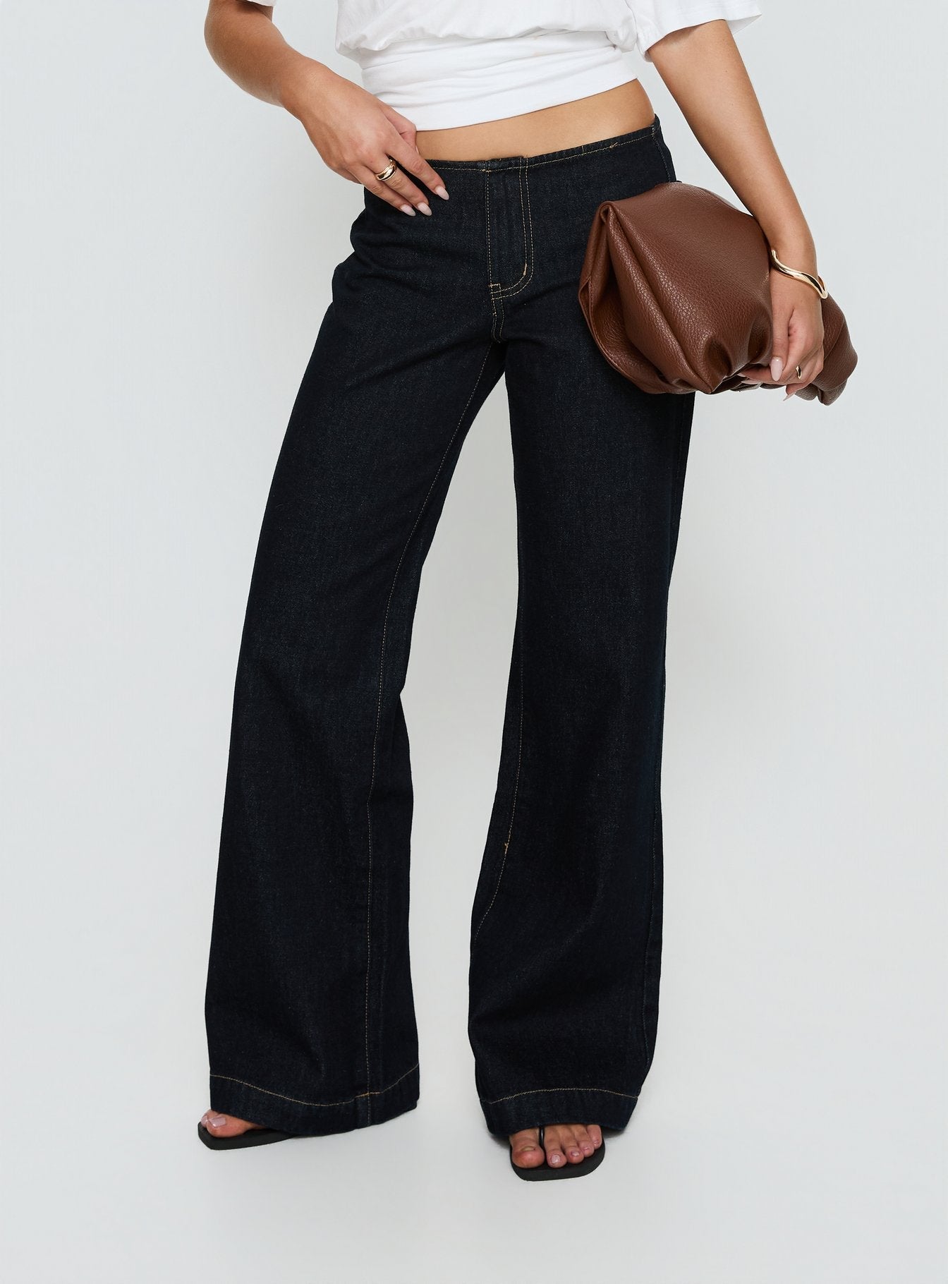 front view of model wearing Princess Polly Buenos No Waist Low Rise Straight Leg Jeans Raw Denim Mid Rise Jeans 
