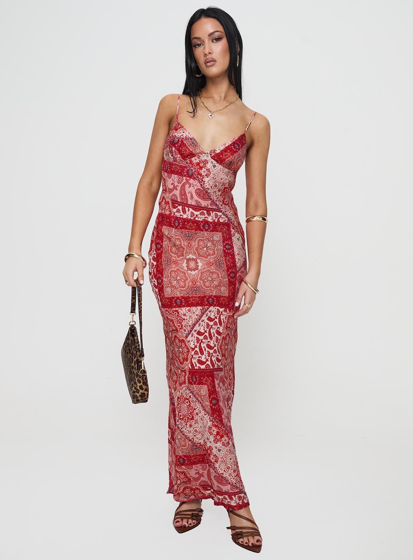 front view of model wearing Princess Polly Sugar Plum Maxi Dress Red Paisley V-Neck 