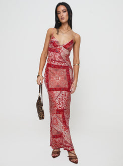 front view of model wearing Princess Polly Sugar Plum Maxi Dress Red Paisley V-Neck 