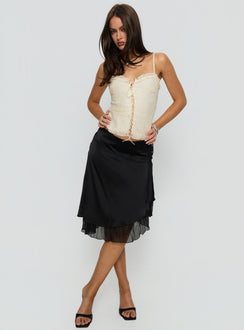 back view of model wearing Princess Polly Rosemead Satin Midi Skirt Black Midi Skirts 