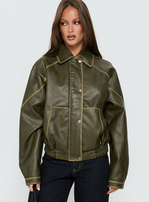 Jaxton Faux Leather Bomber Jacket Olive
