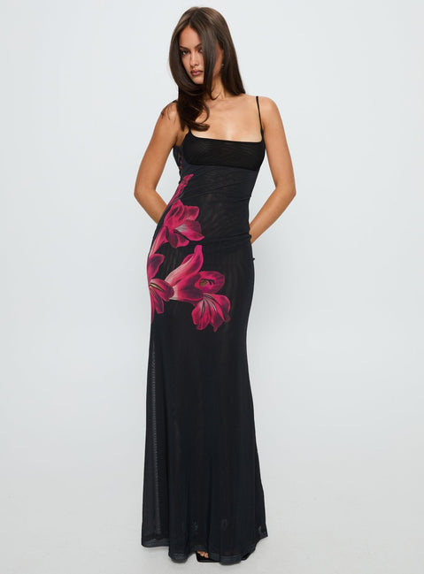 Fiadora Mesh Maxi Dress Black Floral