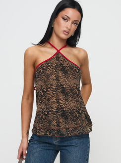 front view of model wearing Princess Polly Rafaella Halter Top Leopard Sleeveless Asymmetric Neckline 