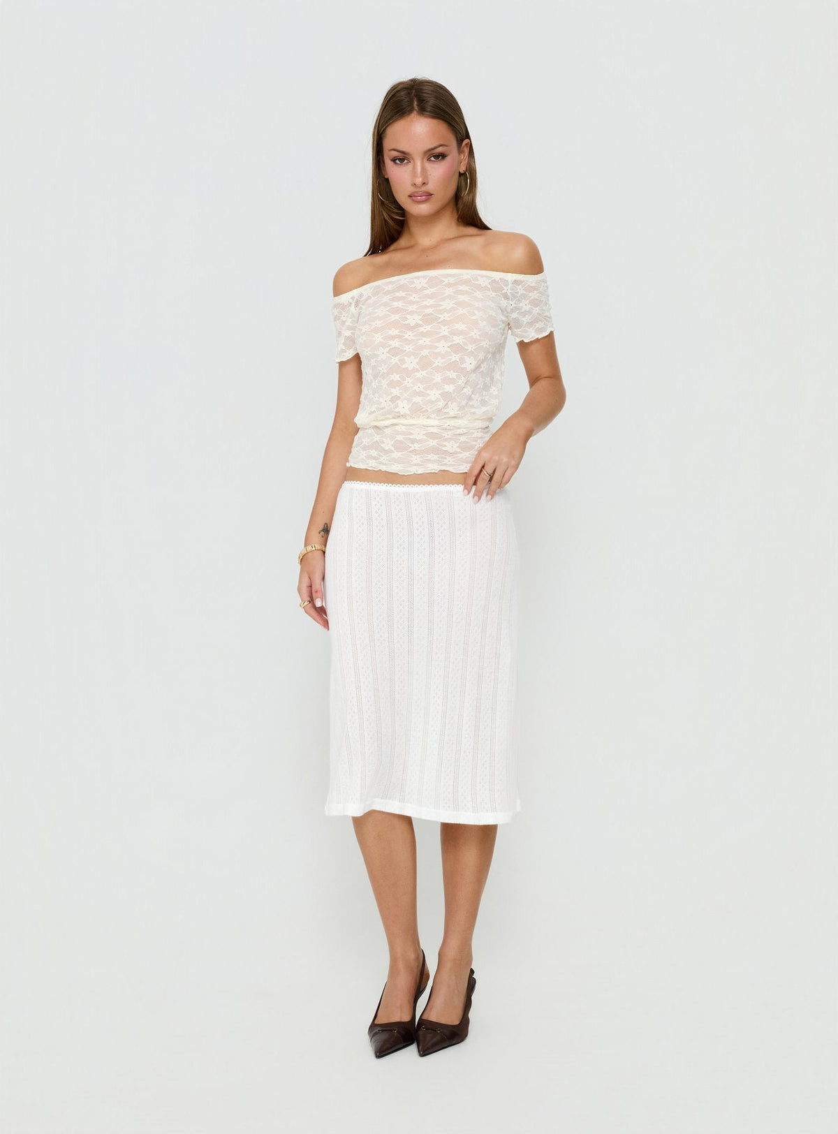 Featuring the Coralyne Pointelle Midi Skirt White womens-skirts in midi length product Princess Polly