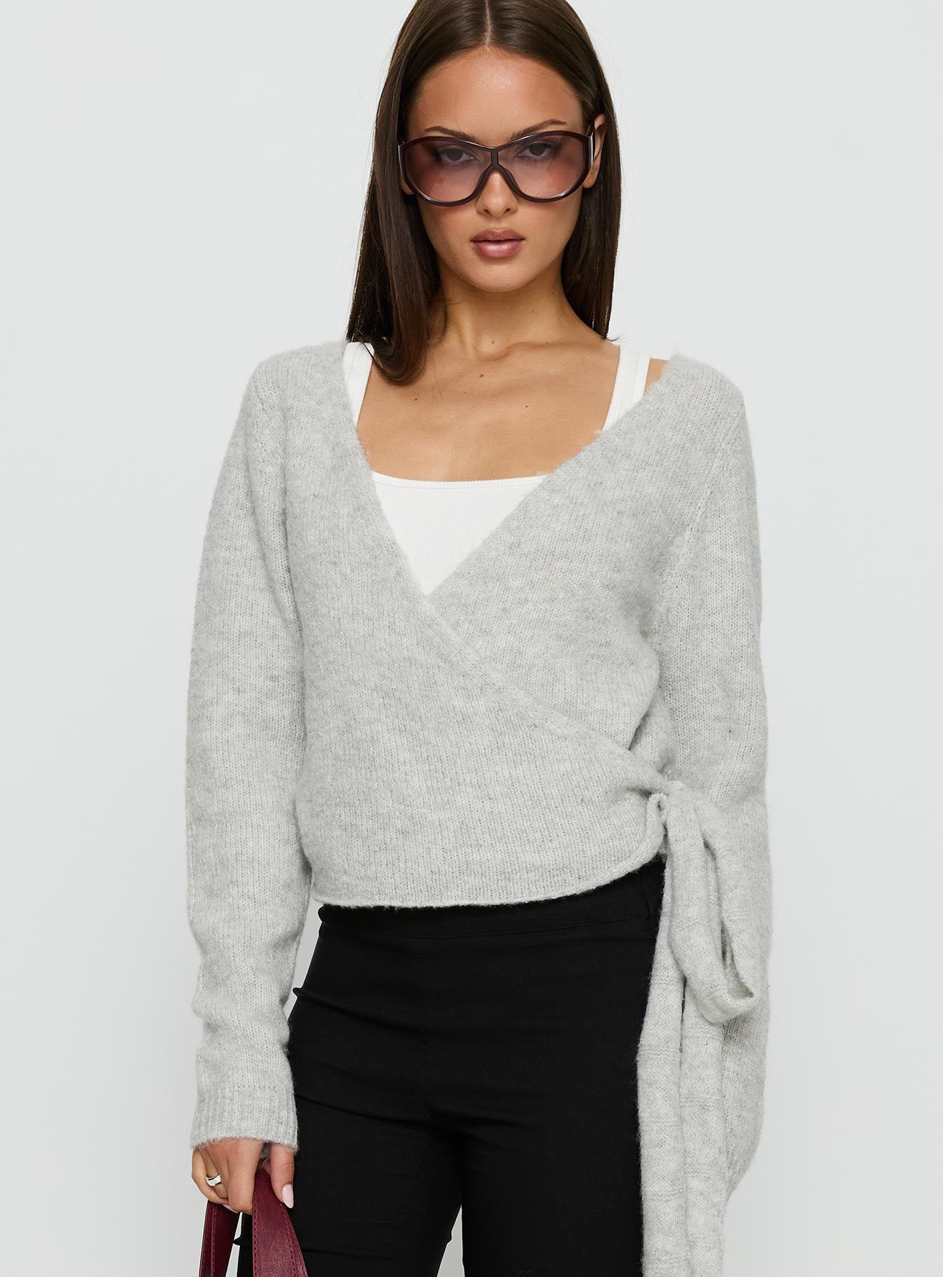 front view of model wearing Princess Polly Tonee Wrap Knit Cardigan Grey Cropped Jumpers 