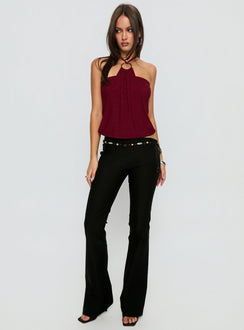 side view of model wearing Princess Polly Krislynn Button Belt Pants Black Mid Rise Pants 