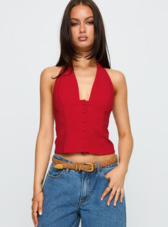 front view of model wearing Princess Polly Serefina Halter Top Red Sleeveless Plunger 